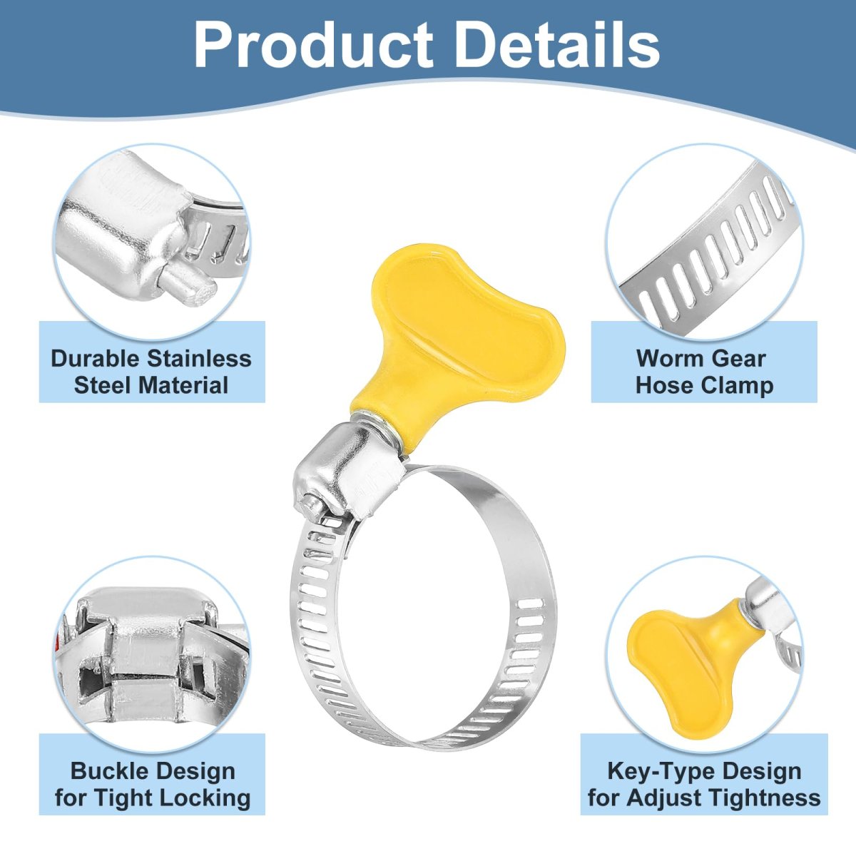16pcs Stainless Steel Worm Gear Hose Clamps8-32mm 11 16 To 1 1 4 Yellow Adjustable Thumb Screw Key Type Fuel Line 8mm Bandwidth