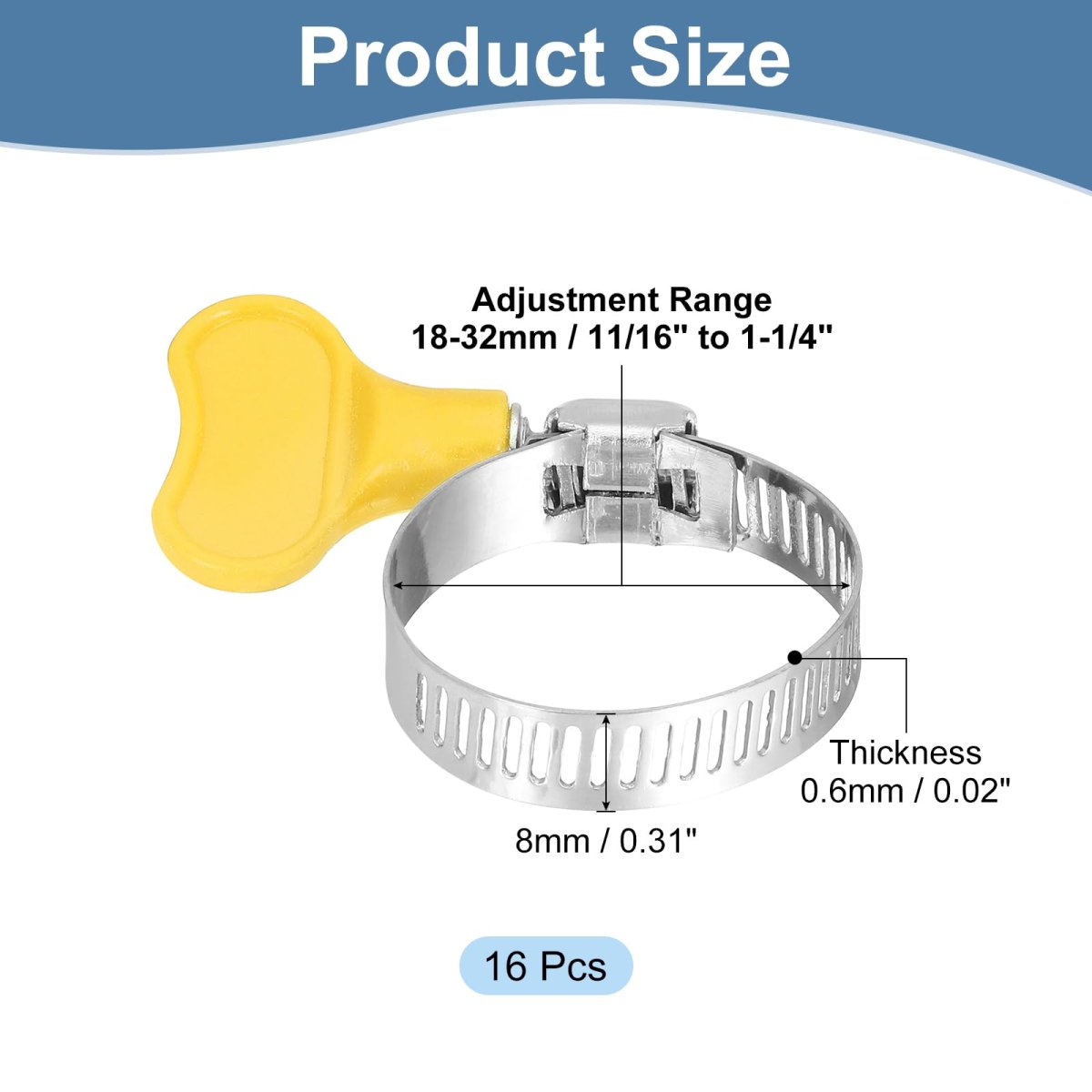 16pcs Stainless Steel Worm Gear Hose Clamps8-32mm 11 16 To 1 1 4 Yellow Adjustable Thumb Screw Key Type Fuel Line 8mm Bandwidth