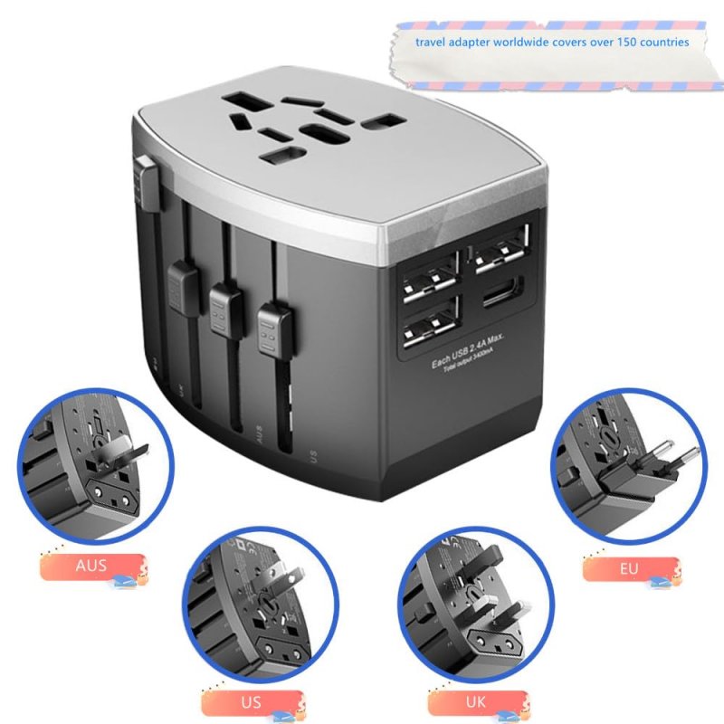 Travel Adapter Universal Power International Plug Adaptor With 4 Usb Ports Fast Charging All In One Worldwide Wall Charger Ac