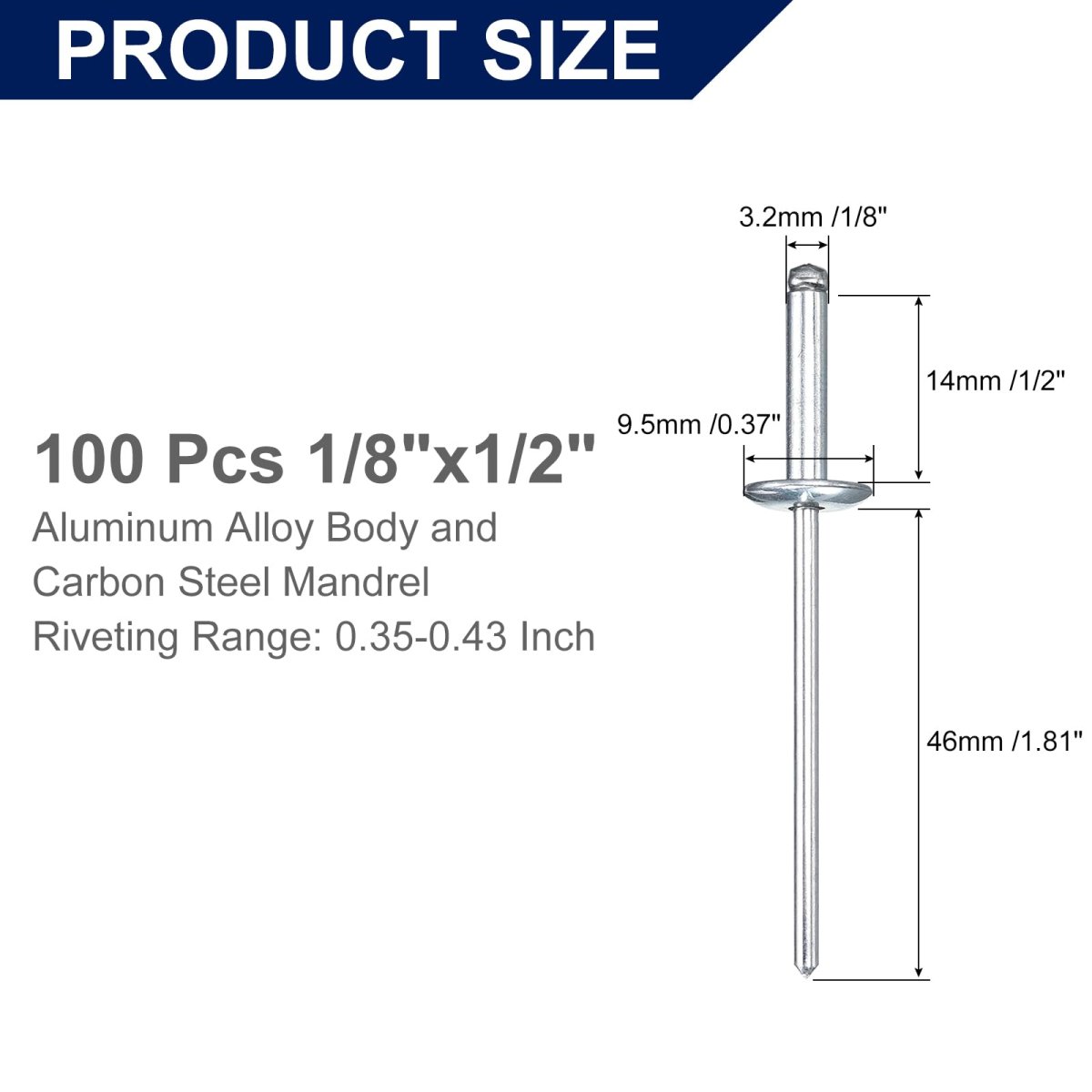 100pcs 1 8 X1 2 Aluminum Blind Rivets Grip And Steel Mandrel Large Flange Fastener For Metal Furniture Automotive Silver
