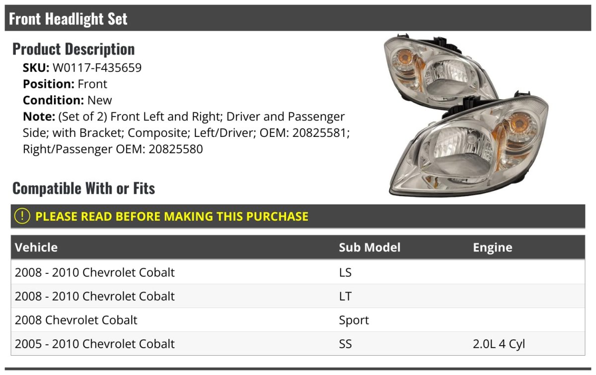 Headlight Assembly Set Of 2 With Bracket For 2005-2010 Chevy Cobalt