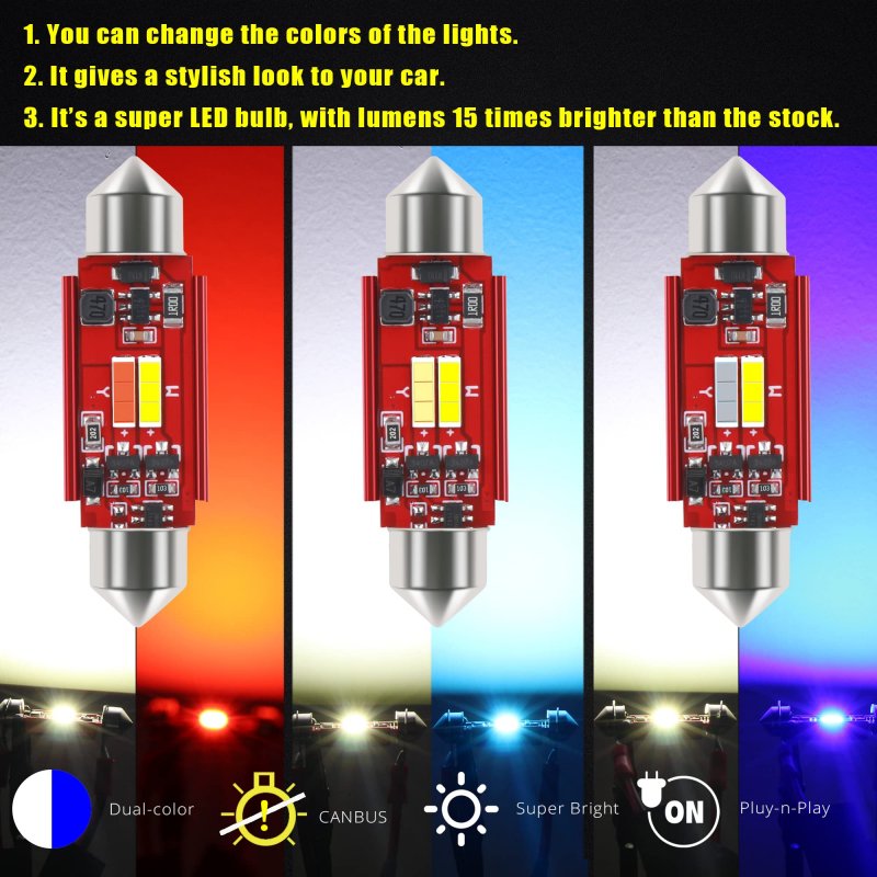 Alla Lighting Dual Color 6418 C5w Led Festoon Bulbs White Blue Switchback Can-bus 36mm License Interior Map Dome Door Trunk