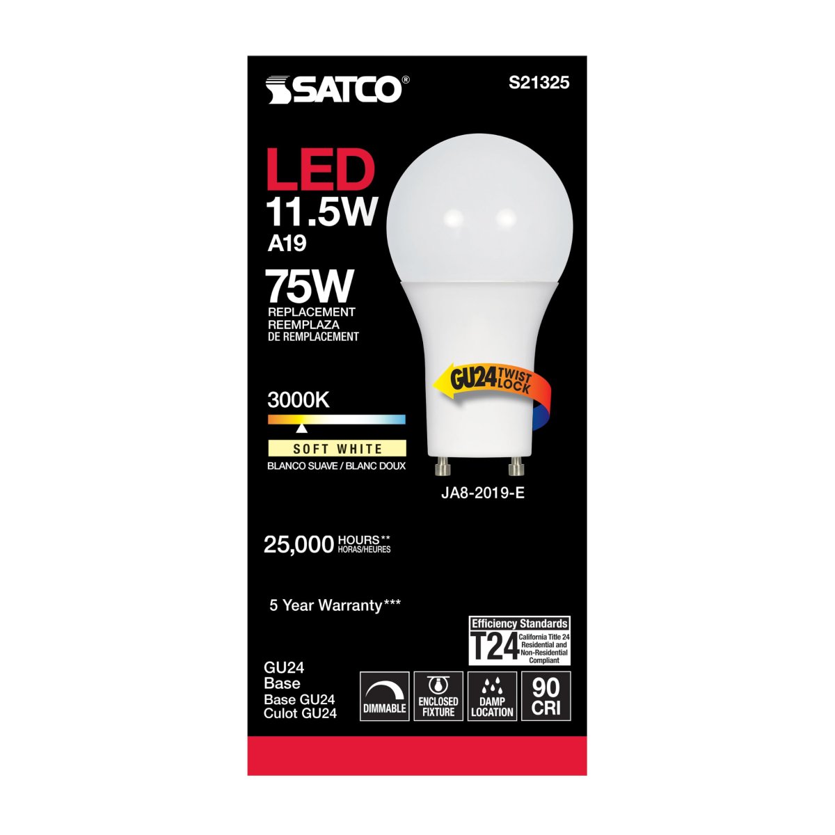 Satco 11 5 Watt A19 Led Light Bulb 3000k Warm White 1100 Lumens 90 Cri Frost Finish Gu24 Base 220 Degree Beam Dimmable Damp