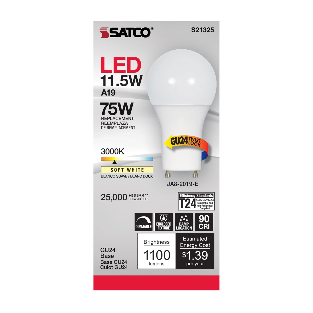 Satco 11 5 Watt A19 Led Light Bulb 3000k Warm White 1100 Lumens 90 Cri Frost Finish Gu24 Base 220 Degree Beam Dimmable Damp