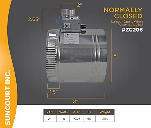 Suncourt Zonemaster Fully Adjustable Motorized Airflow Control Zone Damper Air Duct Fan 8 Inch Usually Closed 24 Volt