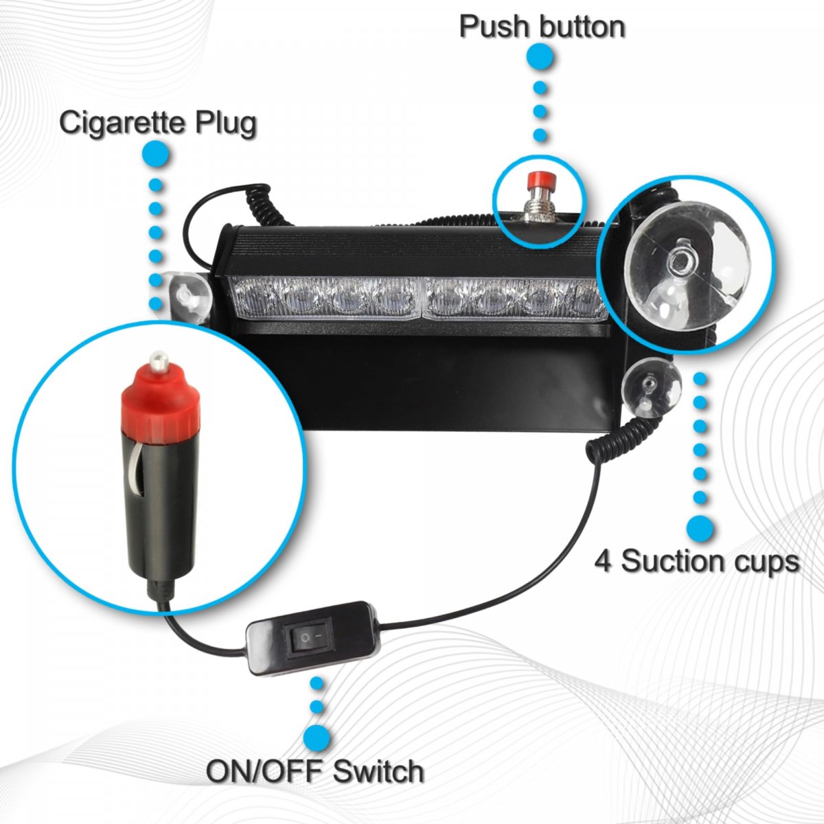 Hqrp 8 Led Car Emergency Vehicle Warning Strobe Flash Light 12v 4 Blue Plus Red Leds
