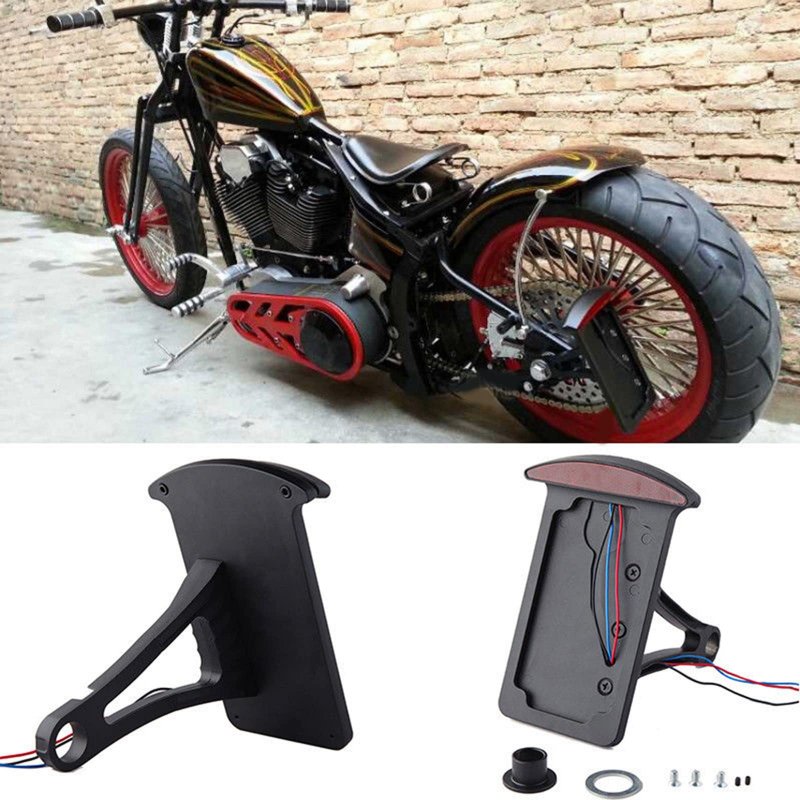 Motorcycle Bobber Custom Side Mount License Plate Frame With Led Brake Tail Light Vertical Axle Mounted For Harley Davidson