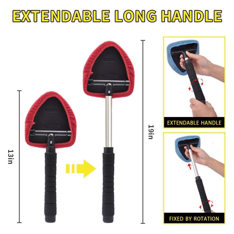 Inside Car Window Cleaning Tool Kit With 4 Washable Microfiber Pads Extendable Handle And 180 Degrees Swivel Triangular Head