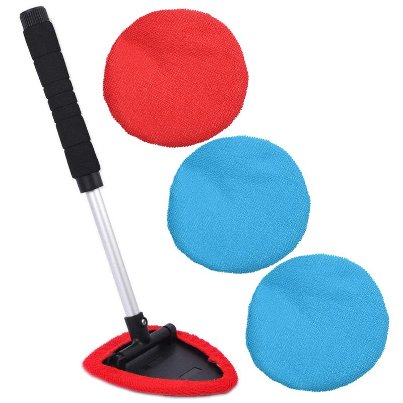 Inside Car Window Cleaning Tool Kit With 4 Washable Microfiber Pads Extendable Handle And 180 Degrees Swivel Triangular Head