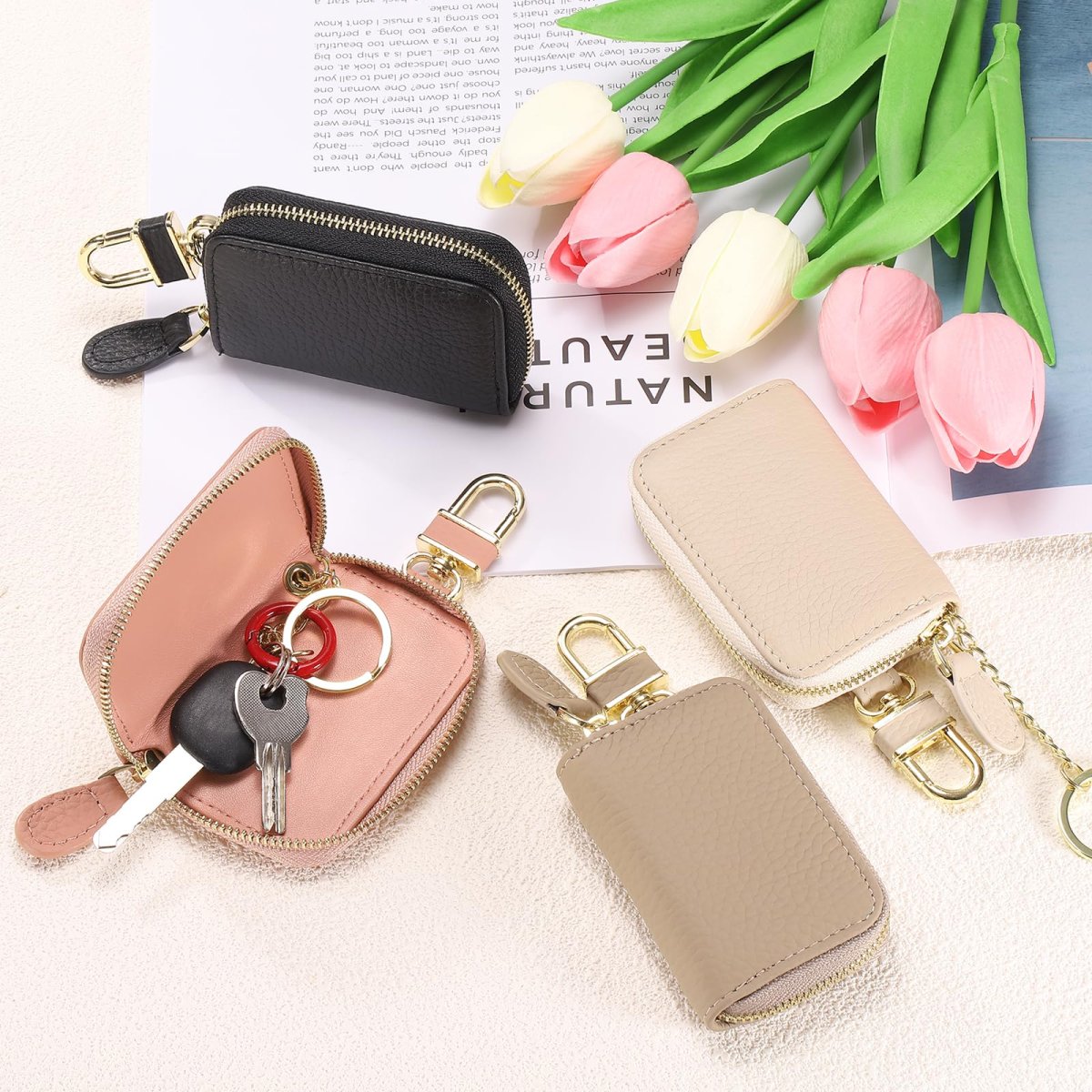 Genuine Leather Car Key Fob Case Universal Holder Zipper Bag For Men Women Light Brown