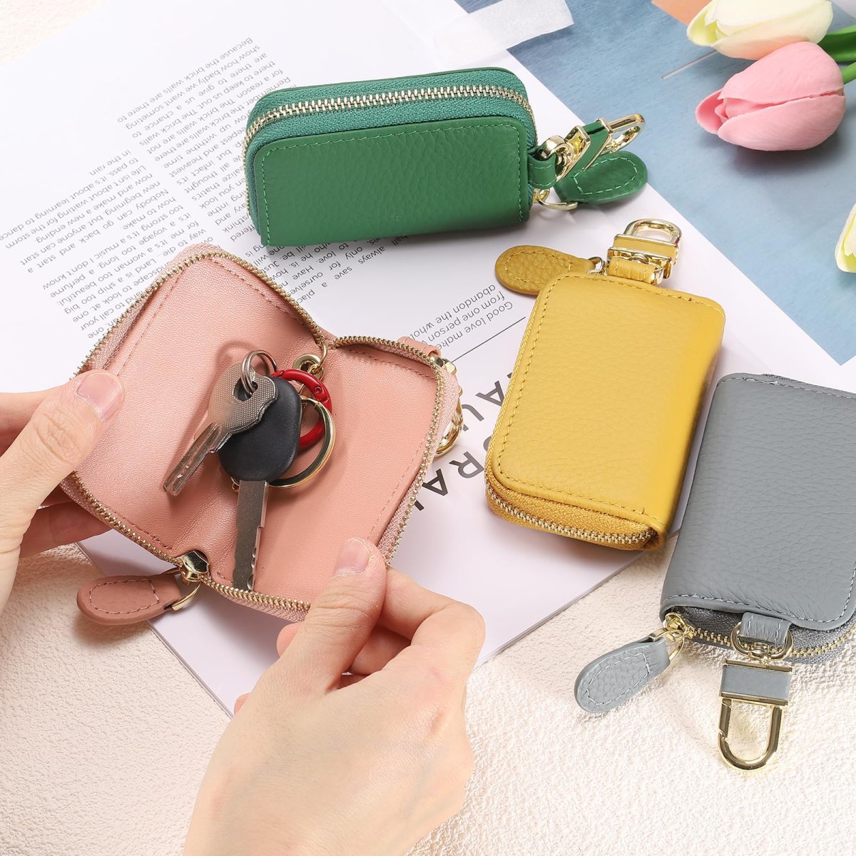 Genuine Leather Car Key Fob Case Universal Holder Zipper Bag For Men Women Light Brown