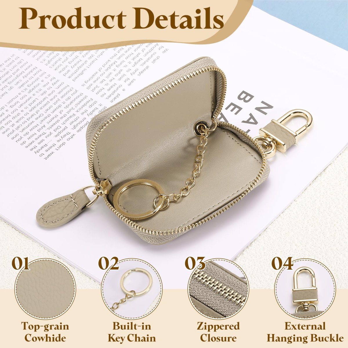 Genuine Leather Car Key Fob Case Universal Holder Zipper Bag For Men Women Light Brown