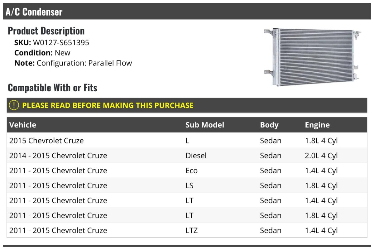 A C Condenser For 2011 To 2015 Chevy Cruze Sedan Parallel Flow Silver W0127-s651395
