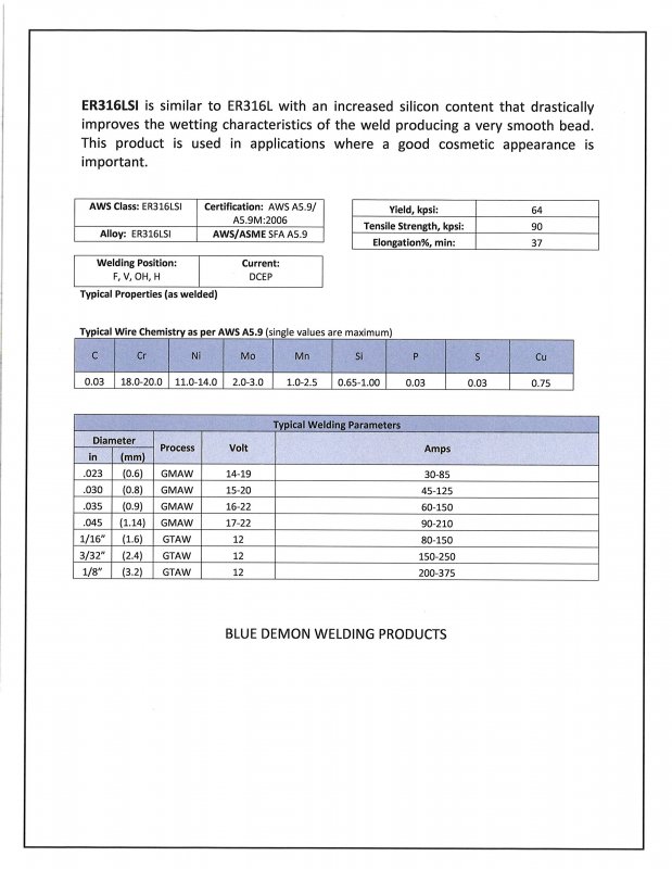 Blue Demon 316lsi X 023 2lb Spool Stainless Steel Welding Wire