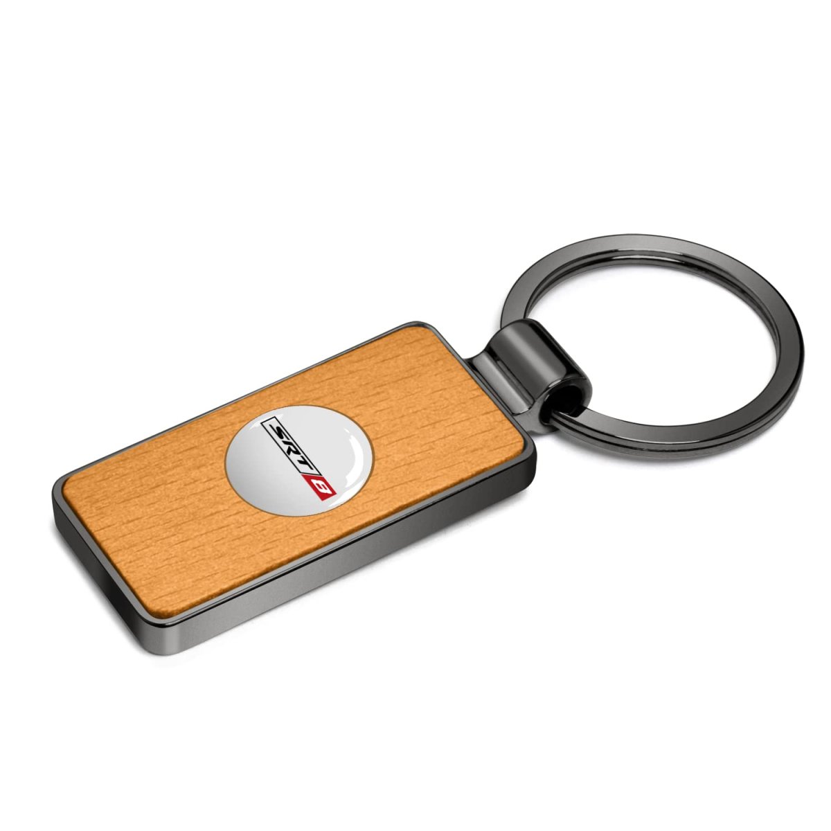 Srt-8 Roundel Logo In White On Maple Wood Gray Gunmetal Metal Case Key Chain