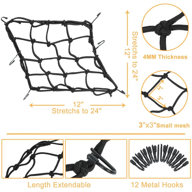 2-pack Bungee Net Motorcycle Cargo 12 X Small Stretch To 24 With 6 Adjustable Hooks Bike Cord