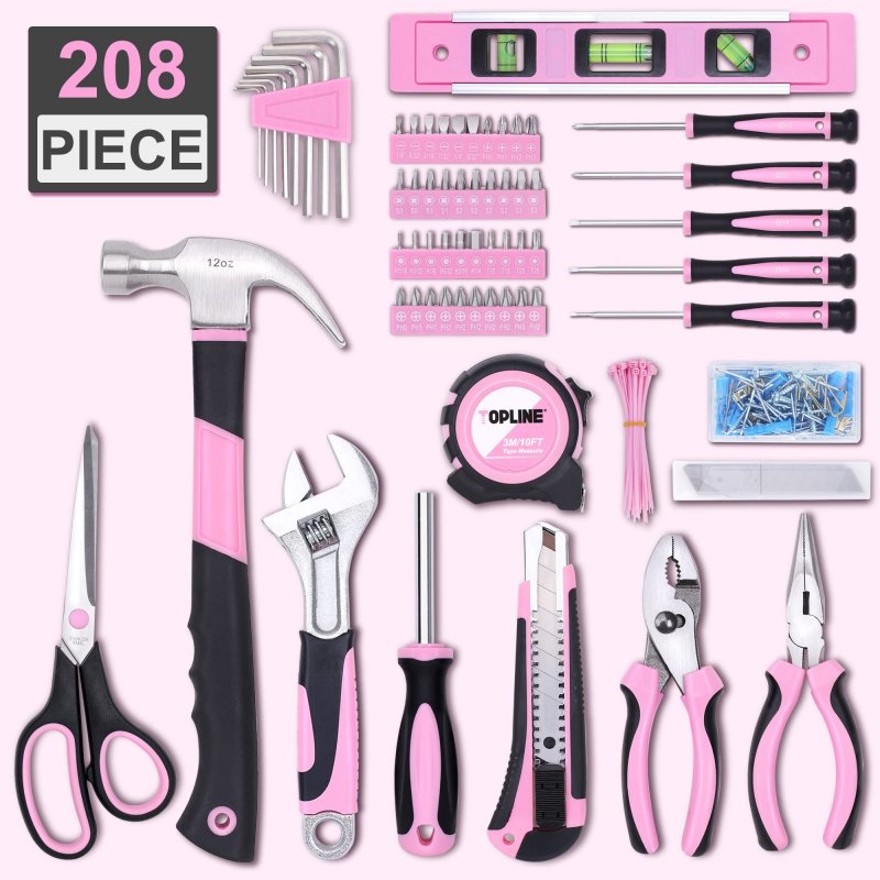 208 Piece Pink Tool Set For Women With Round Pouch Small Home Maintenance Kit Apartment And Diy Projects T00651