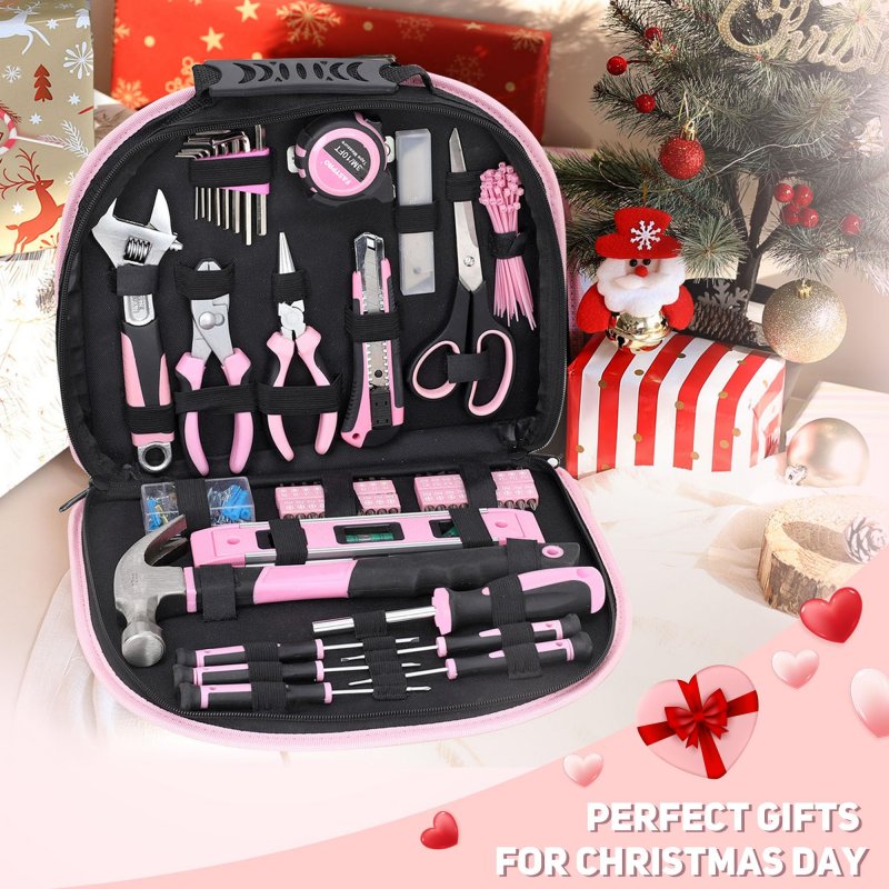 208 Piece Pink Tool Set For Women With Round Pouch Small Home Maintenance Kit Apartment And Diy Projects T00651