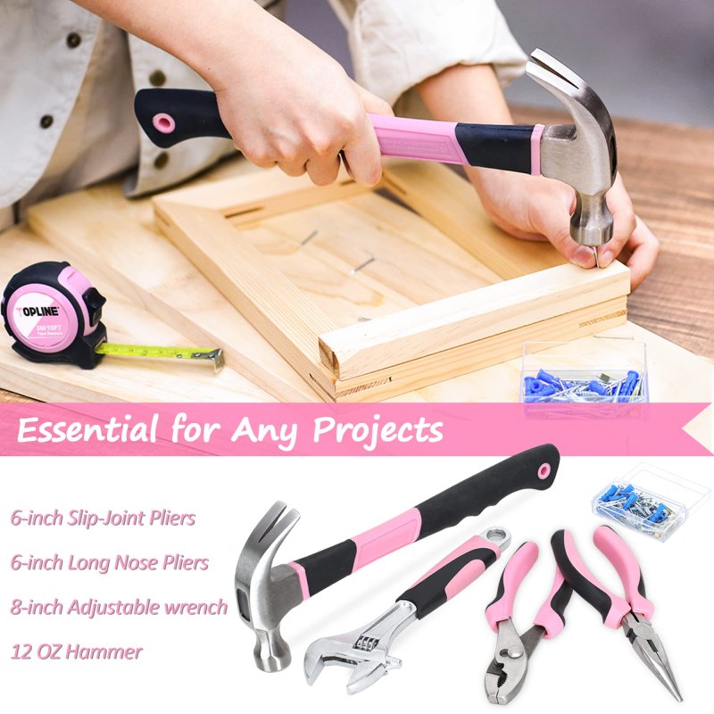 208 Piece Pink Tool Set For Women With Round Pouch Small Home Maintenance Kit Apartment And Diy Projects T00651