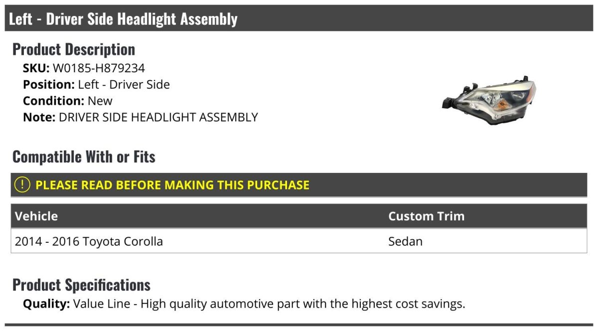 Left Driver Side Headlight Assembly For 2014-2016 Toyota Corolla
