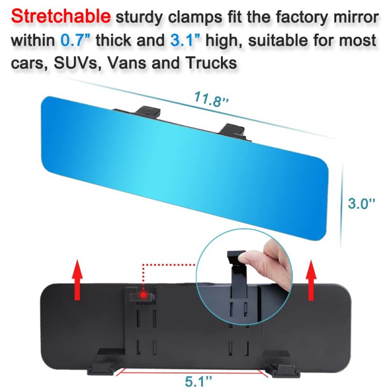 Anti Glare Wide Angle Car Rearview Mirror 12 In Frameless Panoramic Interior For Cars Suvs Vans Trucks Blue Flat Glass To
