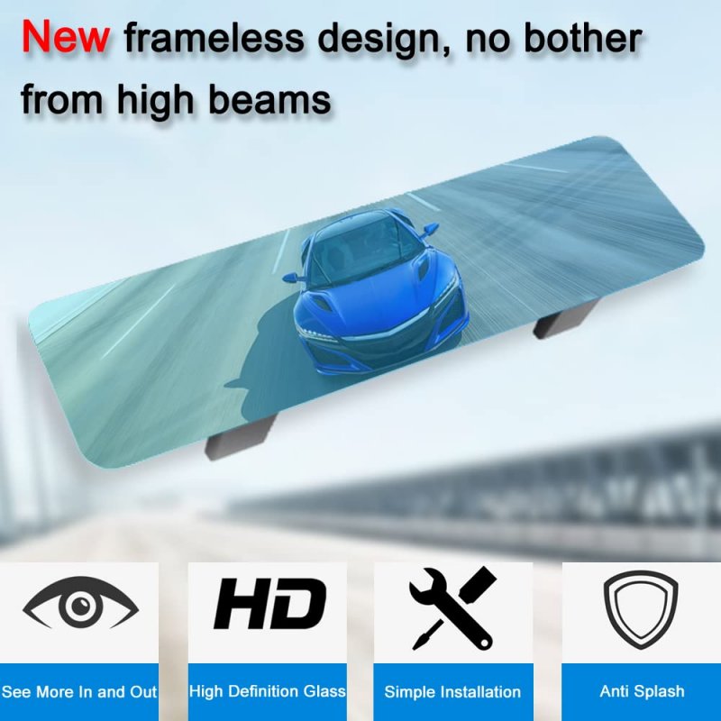 Anti Glare Wide Angle Car Rearview Mirror 12 In Frameless Panoramic Interior For Cars Suvs Vans Trucks Blue Flat Glass To
