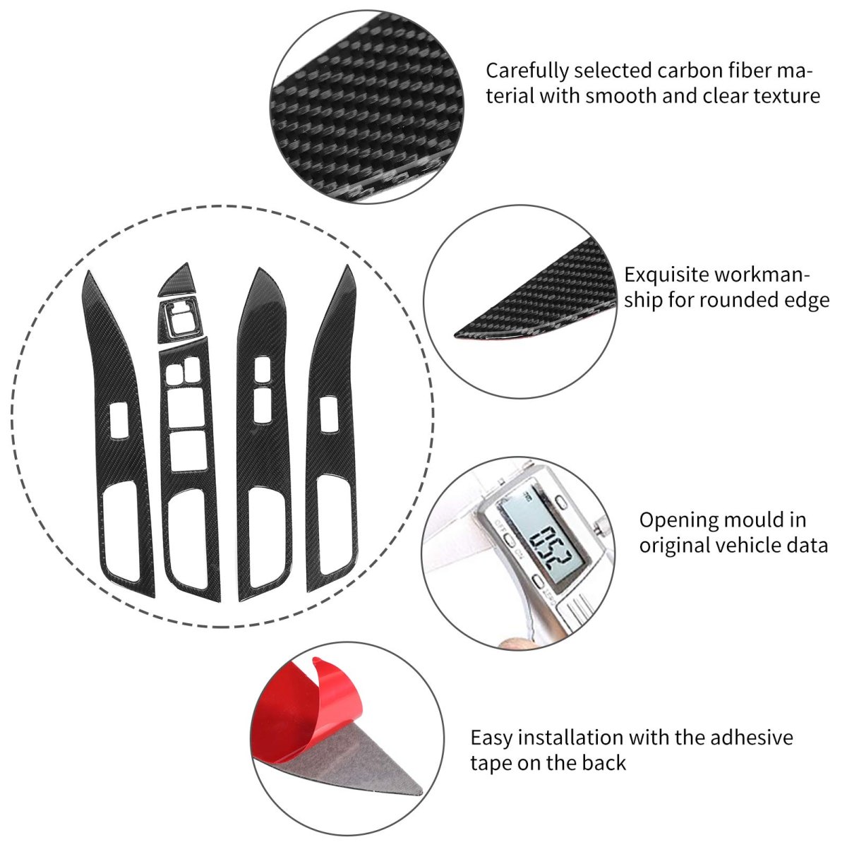 Carbon Fiber Window Switch Covers For Mitsubishi Lancer 2008-2016 7pcs Interior Trim Set Scratch-resistant Panel Protectors
