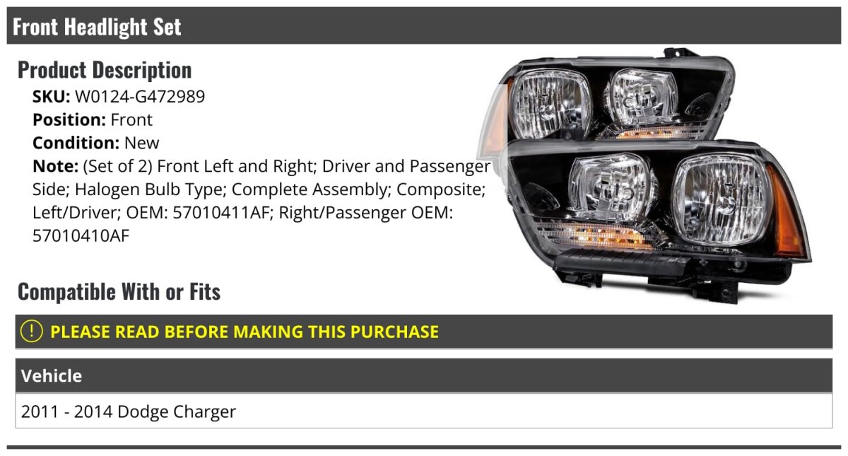 Front Halogen Headlight Assembly Set Of 2 For 2011-2014 Dodge Charger