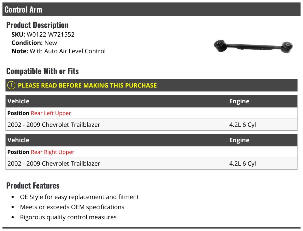 Control Arm For 2002 To 2009 Chevy Trailblazer 4 2l 6 Cylinder With Auto Air Level Rear Left And Right Upper Positions