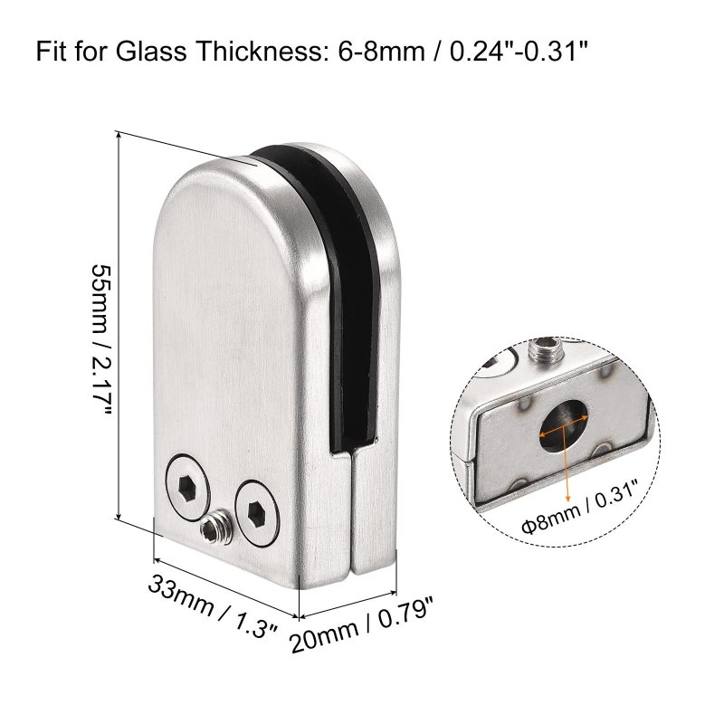 Glass Clamp 4pcs Adjustable 6-8mm Thickness 55x33mm Stainless Steel Flat Back Round Bracket Clip For Balustrade Staircase