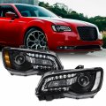 Projector Headlights For 2011 2023 Chrysler 300 Halogen Type Black Bezel Clear Lens Pair Driver And Passenger Side Replacement 