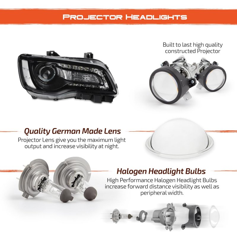 Projector Headlights For 2011 2023 Chrysler 300 Halogen Type Black Bezel Clear Lens Pair Driver And Passenger Side Replacement
