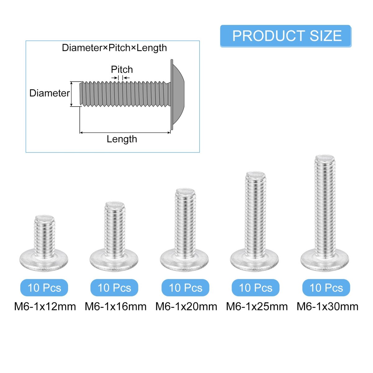50pcs M6-1x12 30mm Flanged Button Head Socket Cap Screws 304 Stainless Steel Drive Fasteners Bolts Fully Thread Machine Silver