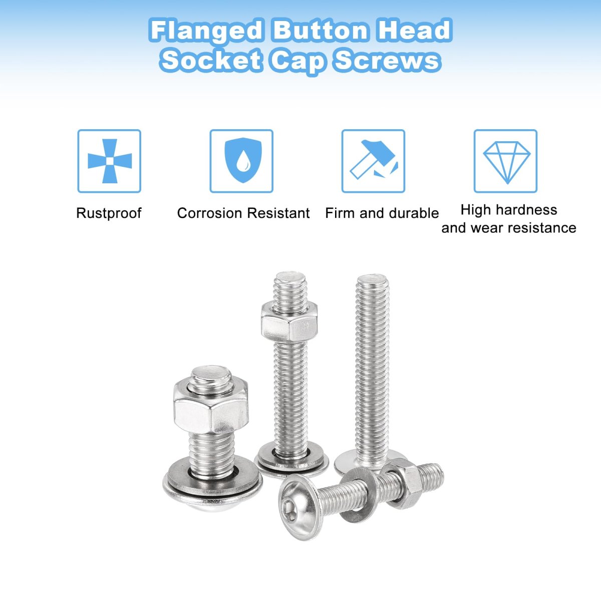 50pcs M6-1x12 30mm Flanged Button Head Socket Cap Screws 304 Stainless Steel Drive Fasteners Bolts Fully Thread Machine Silver