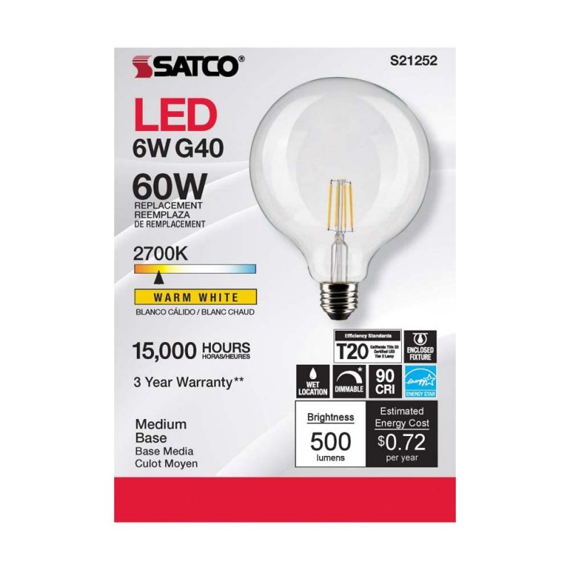 6 Watt Led E Light Bulb 6 Pack 2700k Warm White Dimmable G40 Glass 500 Lumens S21252 0watt Led E Light Bulb 6 Pack 2700k Warm