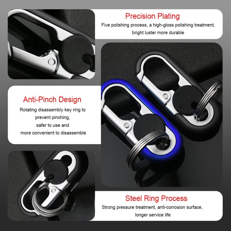 Heavy Duty Metal Car Keychain Anti Loss Key Fob Holder With Double Keyrings And Rotating Disk Zinc Alloy Stainless Steel Black