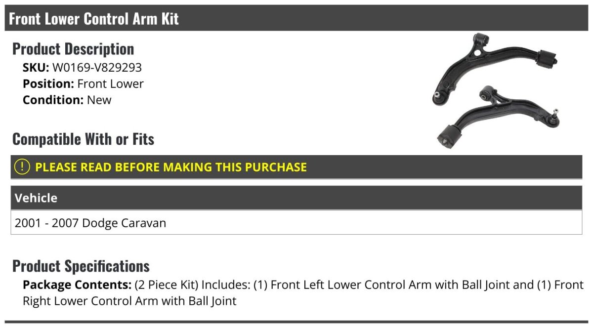 Front Lower Control Arm And Ball Joint Kit 2 Piece For 2001 To 2007 Dodge Caravan Position Driver Passenger Side Pair
