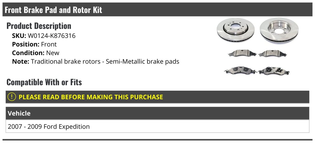 Front Semi Metallic Brake Pads And Rotor Kit For 2007-2009 Ford Expedition