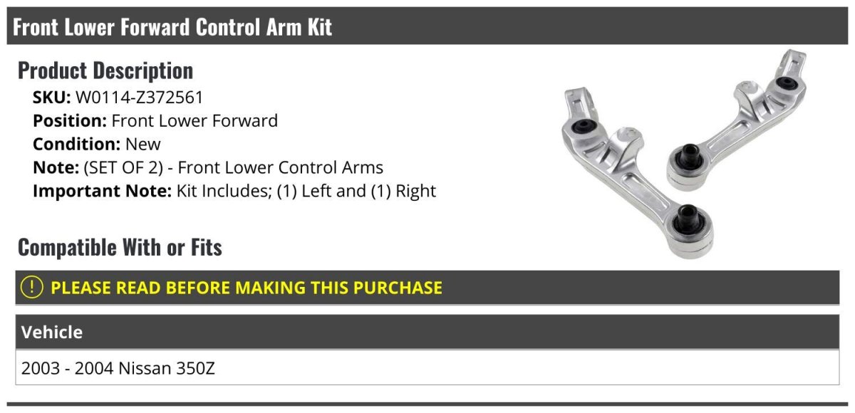 Front Lower Forward Control Arm Kit 2 Piece For 2003 2004 Nissan 350z W0114 Z372561