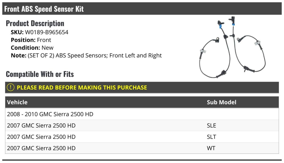 Front Abs Speed Sensor Kit Set Of 2 For 2007 2010 Gmc Sierra 2500 Hd Left And Right W0189-b965654