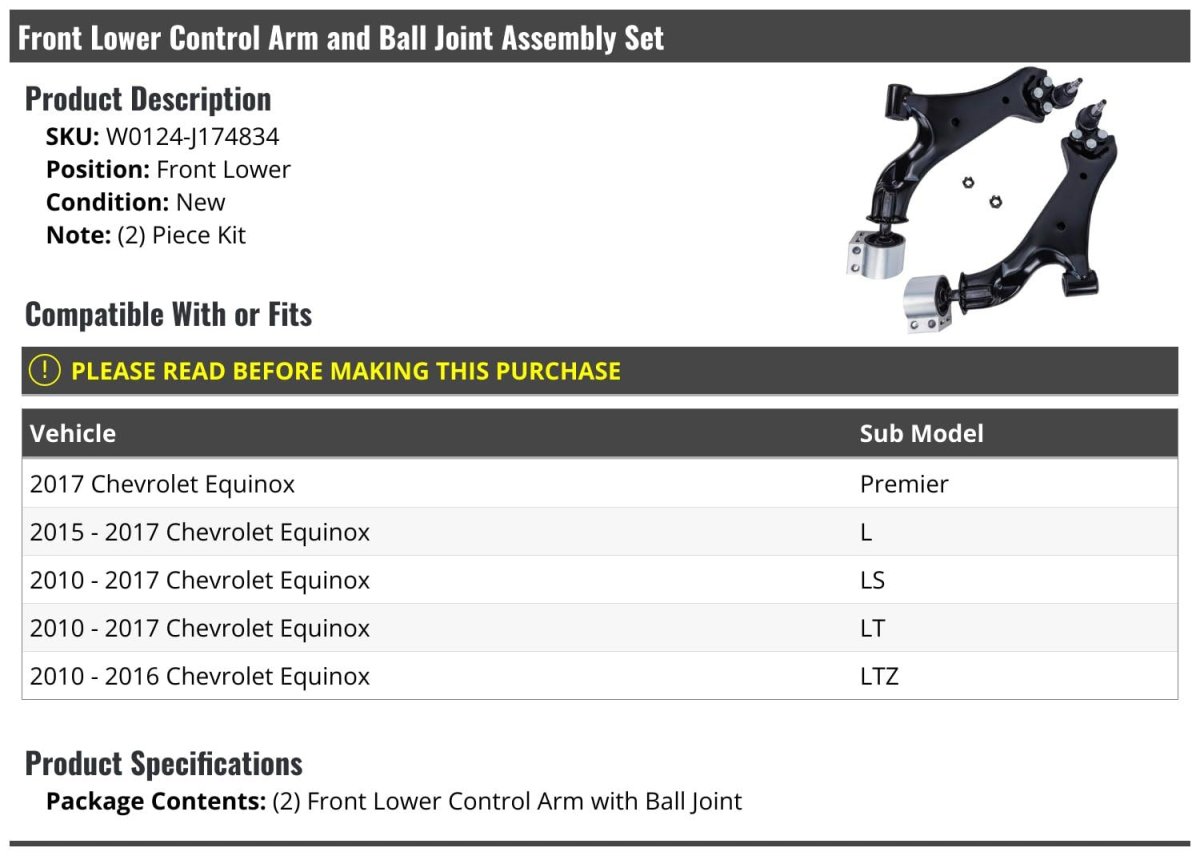 Front Lower Control Arm And Ball Joint Assembly Set Of 2 For 2010-2017 Chevy Equinox
