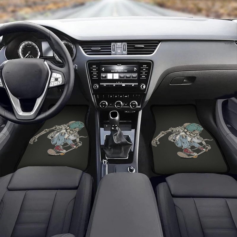 Skeleton Riding A Skateboard Car Floor Mats Automotive Funny Skull Rubberpet 4a Pieces Set All Weather Protector Non-slip