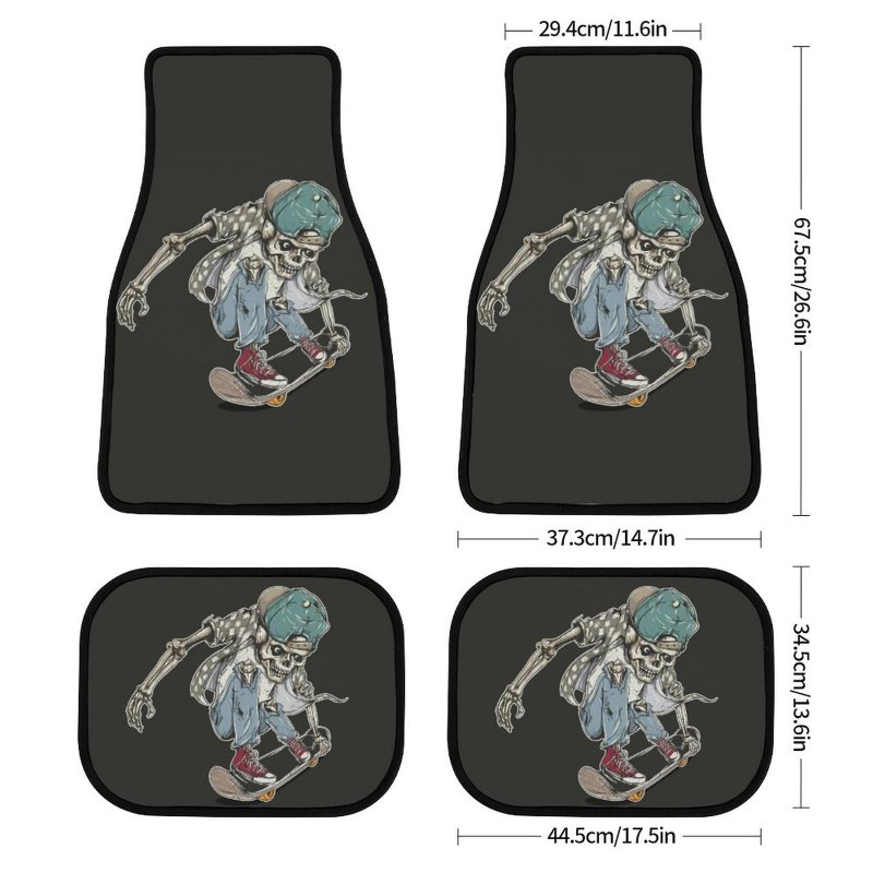 Skeleton Riding A Skateboard Car Floor Mats Automotive Funny Skull Rubberpet 4a Pieces Set All Weather Protector Non-slip