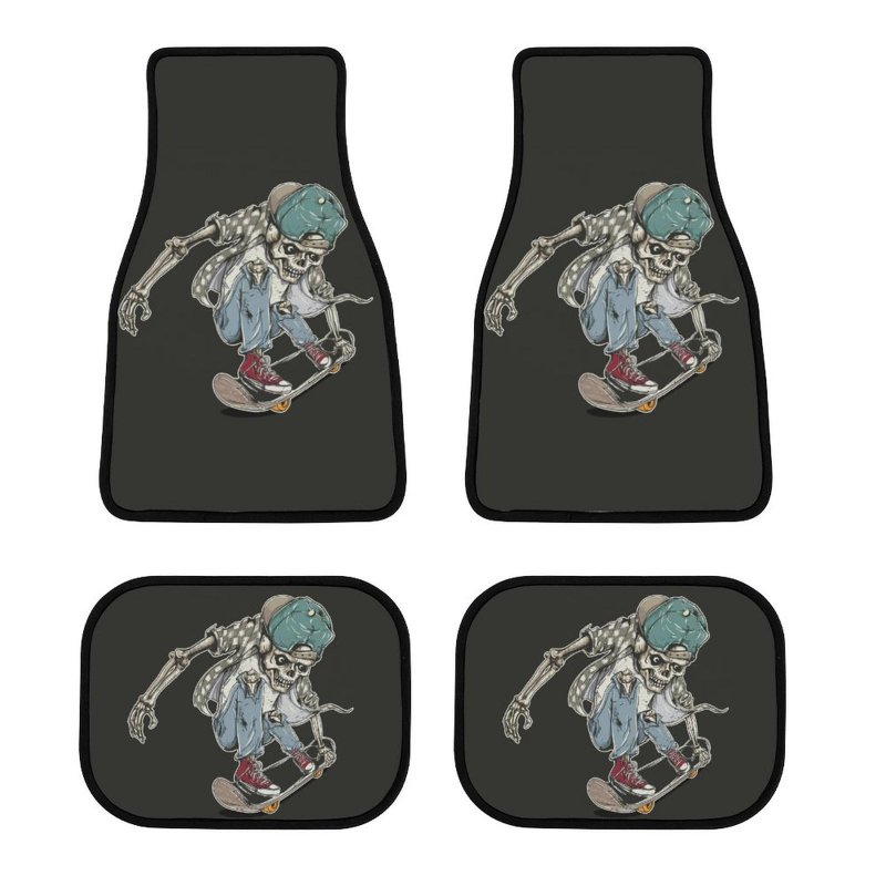 Skeleton Riding A Skateboard Car Floor Mats Automotive Funny Skull Rubberpet 4a Pieces Set All Weather Protector Non-slip