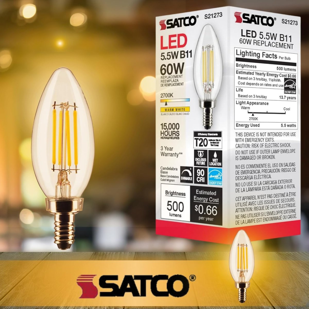 B11 Led Dimmable Light Bulbs Candelabra Base E12 5 Watt 60w Equivalent 500 Lumens 2700k Warm White 90 Cri 15000 Hour Life 4