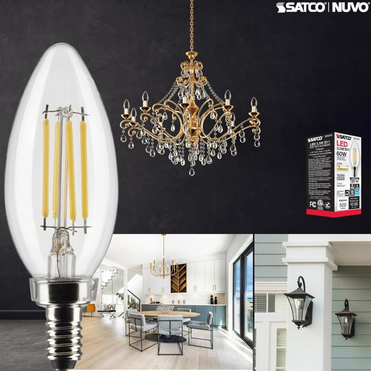 B11 Led Dimmable Light Bulbs Candelabra Base E12 5 Watt 60w Equivalent 500 Lumens 2700k Warm White 90 Cri 15000 Hour Life 4
