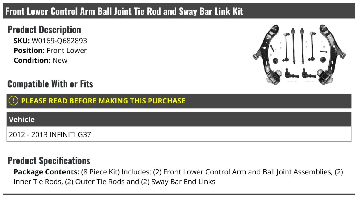 Front Lower Control Arm Ball Joint Tie Rod End And Sway Bar Link Kit 8 Piece For 2012 2013 Infiniti G37