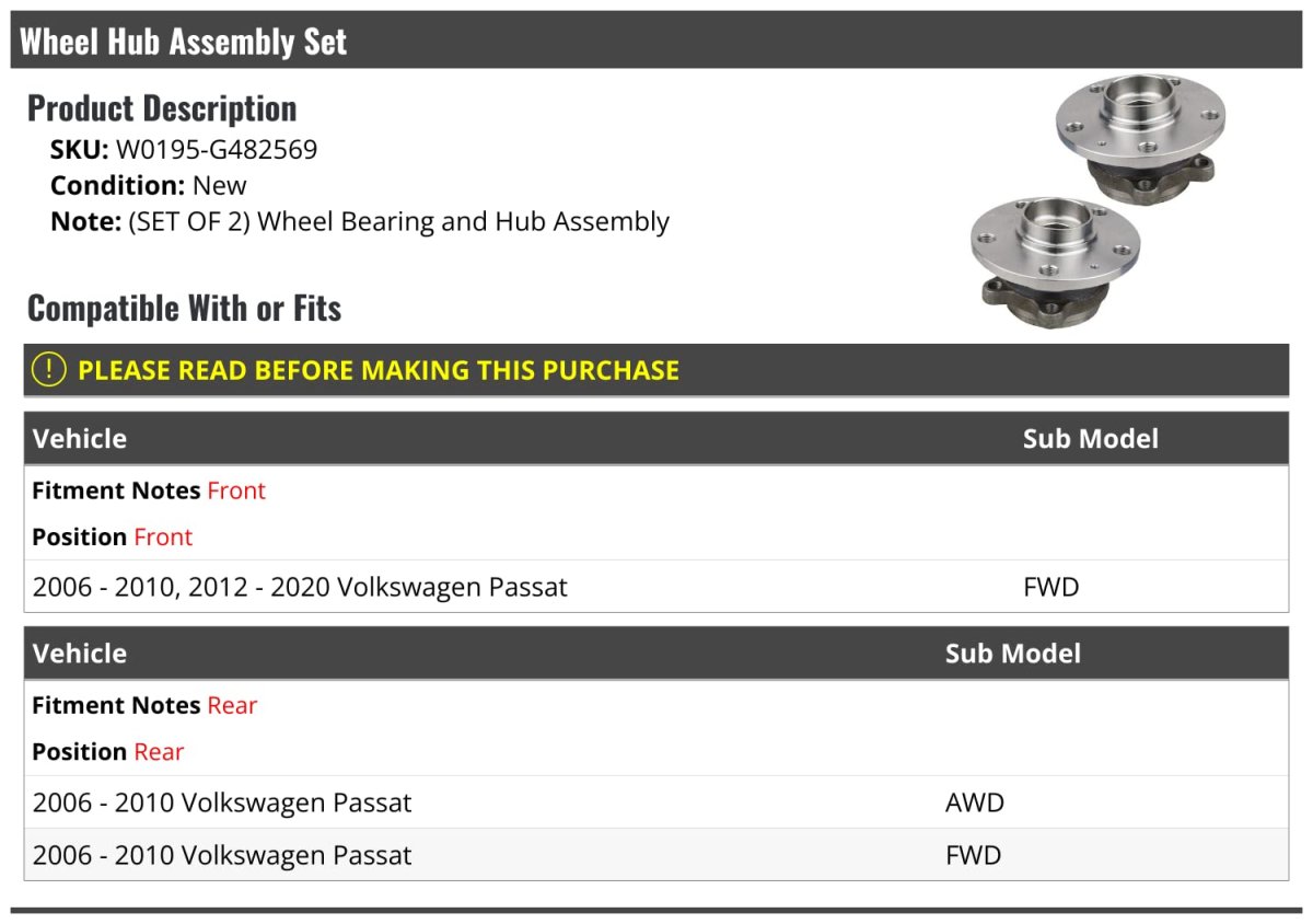 Wheel Hub Bearing Assembly Set Of 2 For 2006-2010 2012-2020 Volkswagen Passat