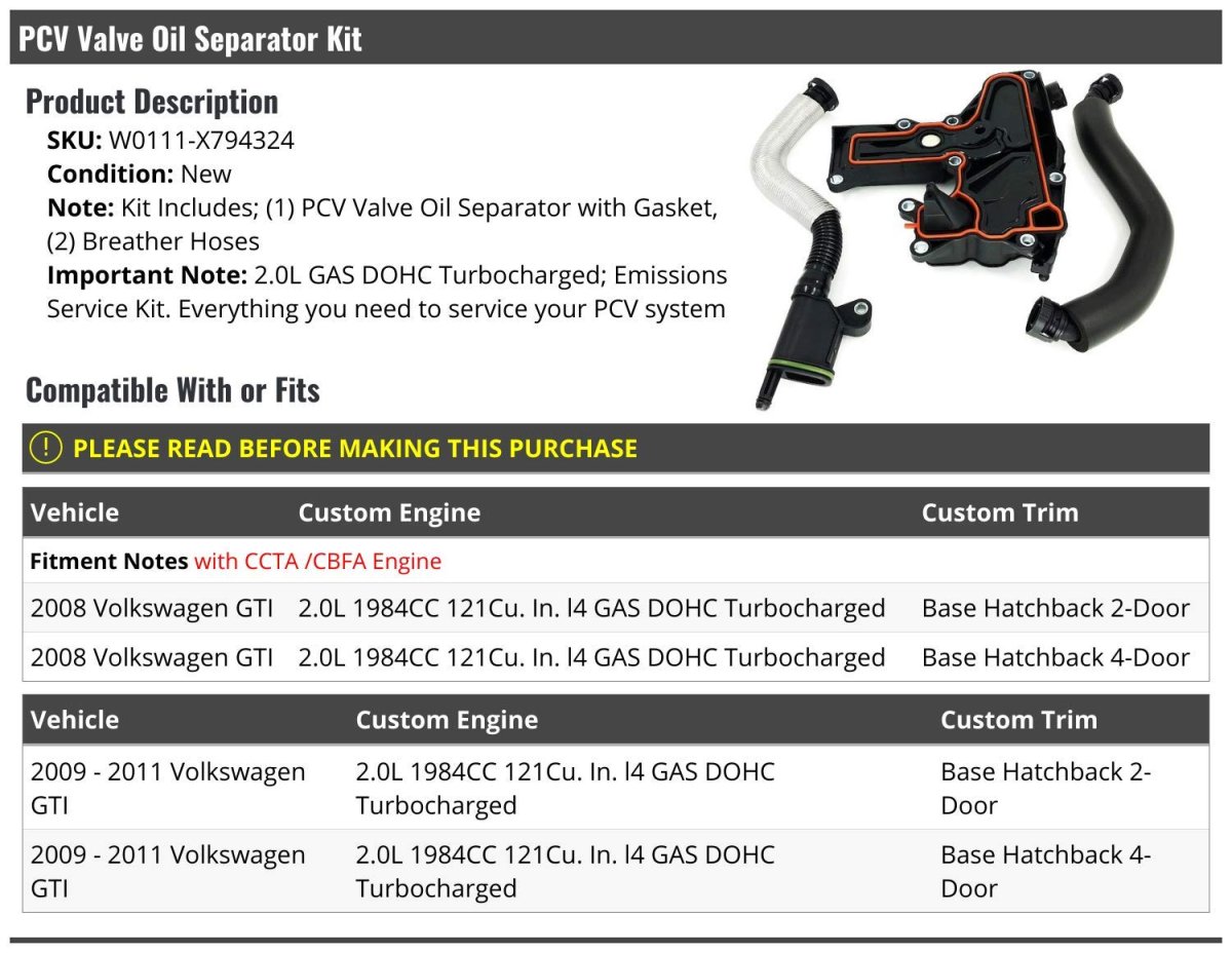 Pcv Valve Oil Separator Kit For 2008 2011 Volkswagen Gti 2 0l 4 Cylinder Turbo Dohc Ccta Cbfa Engine Includes Gasket And