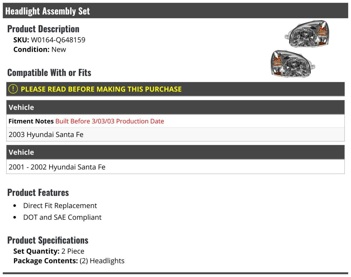Headlight Assembly Set Of 2 For 2001-2003 Hyundai Santa Fe Up To 3 2003